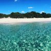 Acqua cristallina con una spiaggia di sabbia bianca e arbusti in lontananza.