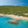 Spiaggia con mare cristallino e vegetazione verde.