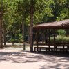 Un parco con alberi e una tettoia di legno, con sedute e tavoli, ombreggiata.
