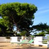 Una terrazza con due lettini verdi, circondata da piante e alberi sotto un cielo azzurro.