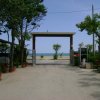 Cancello aperto con vista sul mare, alberi laterali e vasi di fiori.