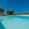Piscina all'aperto con acqua azzurra, alberi e sedie a sdraio.