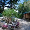 Vialetto esterno con piante, aiuole fiorite e strutture in pietra sotto gli alberi.