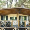 Bungalow in legno con veranda, circondato da alberi.