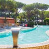 Piscina con bordo in pietra, lettini a sinistra e alberi sullo sfondo.