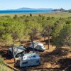 Camper sotto gli alberi, vista sul mare e una collina in lontananza.