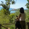 Una persona con un cane guarda un panorama verde con vista sul mare.