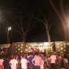 Persone che partecipano a un evento serale all'aperto con luci e palco tra gli alberi.
