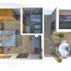 Disegno 3D di un appartamento con letto, bagno e cucina.
