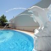 Fontana a forma di delfino spruzza acqua in piscina.