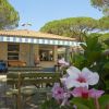 Una caffetteria all'aperto con tavoli da picnic, circondata da fiori rosa e alberi.