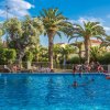Persone che nuotano in una piscina circondata da palme sotto un cielo blu.