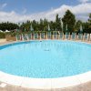 Piscina rotonda con sedie a sdraio.