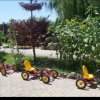 Quattro go-kart per bambini con sedili gialli su un vialetto vicino a piante.