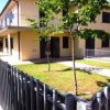 Casa moderna con giardino recintato e piccolo albero.