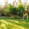 Area verde attrezzata con giochi per cani, circondata da alberi.