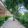 Un vialetto pavimentato con alberi e siepi verdi lungo l'edificio.