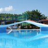 Piscina con ponte e palme sullo sfondo.