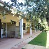 Terrazza coperta con sedie e tavolino, affiancata da un prato e ombreggiata da rami d'ulivo.
